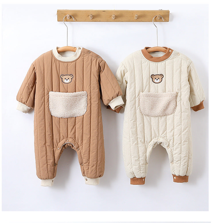 Autumn and Winter New Arrival Baby Unisex Teddy Pattern Long Sleeves Casual Thickened Rompers-3