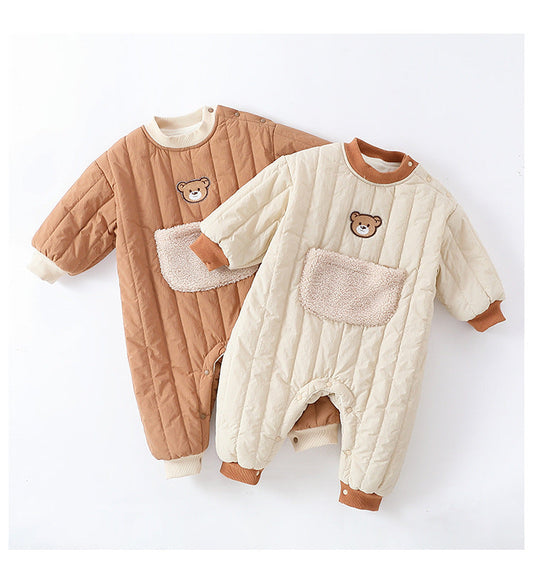 Autumn and Winter New Arrival Baby Unisex Teddy Pattern Long Sleeves Casual Thickened Rompers-0